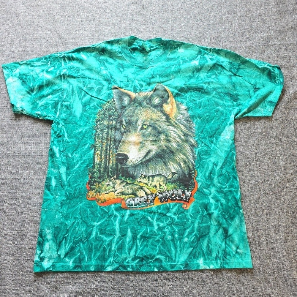 Vintage 90s Jerzees Iced Tie Dyed Wolves Tee Grey‎ Wolf Mens XL